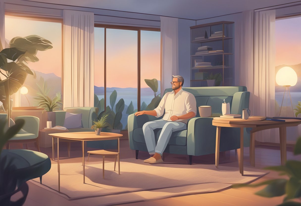 A man sits in a relaxed state, with a therapist guiding him through a hypnosis session to address erectile dysfunction. The atmosphere is calm and peaceful, with soft lighting and comfortable surroundings