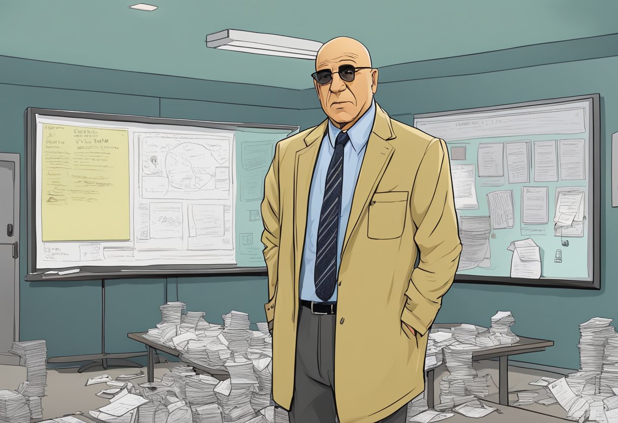 Kojak stands confidently, surrounded by crime scene evidence and a whiteboard filled with clues