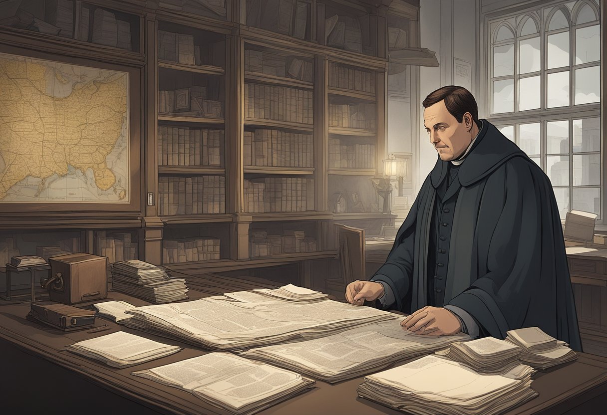 Luther examines evidence in dimly lit room. Files and photos cover the desk. A map of the city hangs on the wall