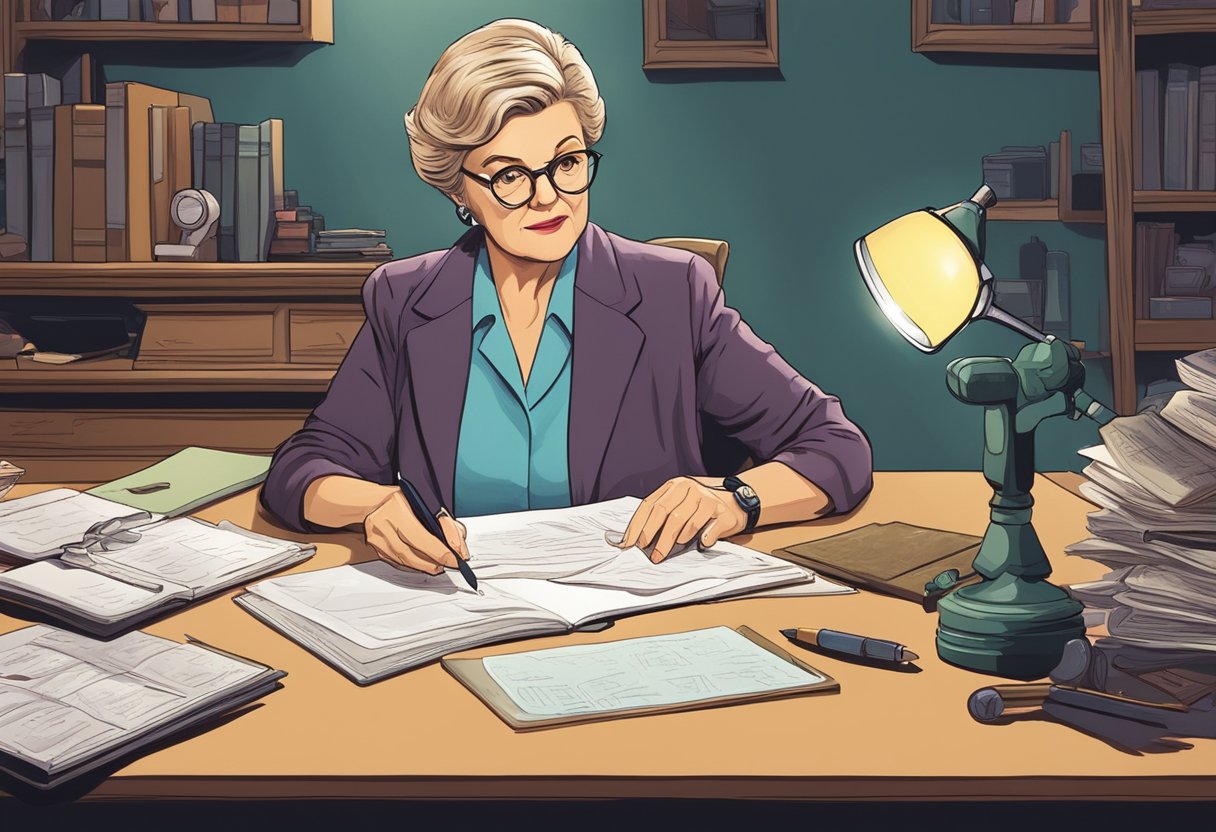 Jessica Fletcher solving a murder case with a magnifying glass and a notepad in hand, surrounded by clues and evidence in a dimly lit room