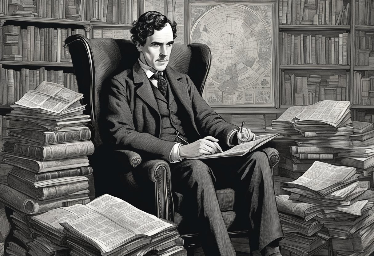 Sherlock Holmes sits in his iconic armchair, surrounded by stacks of books and newspapers. He gazes intently at a chalkboard covered in intricate notes and diagrams, a pipe resting in his mouth