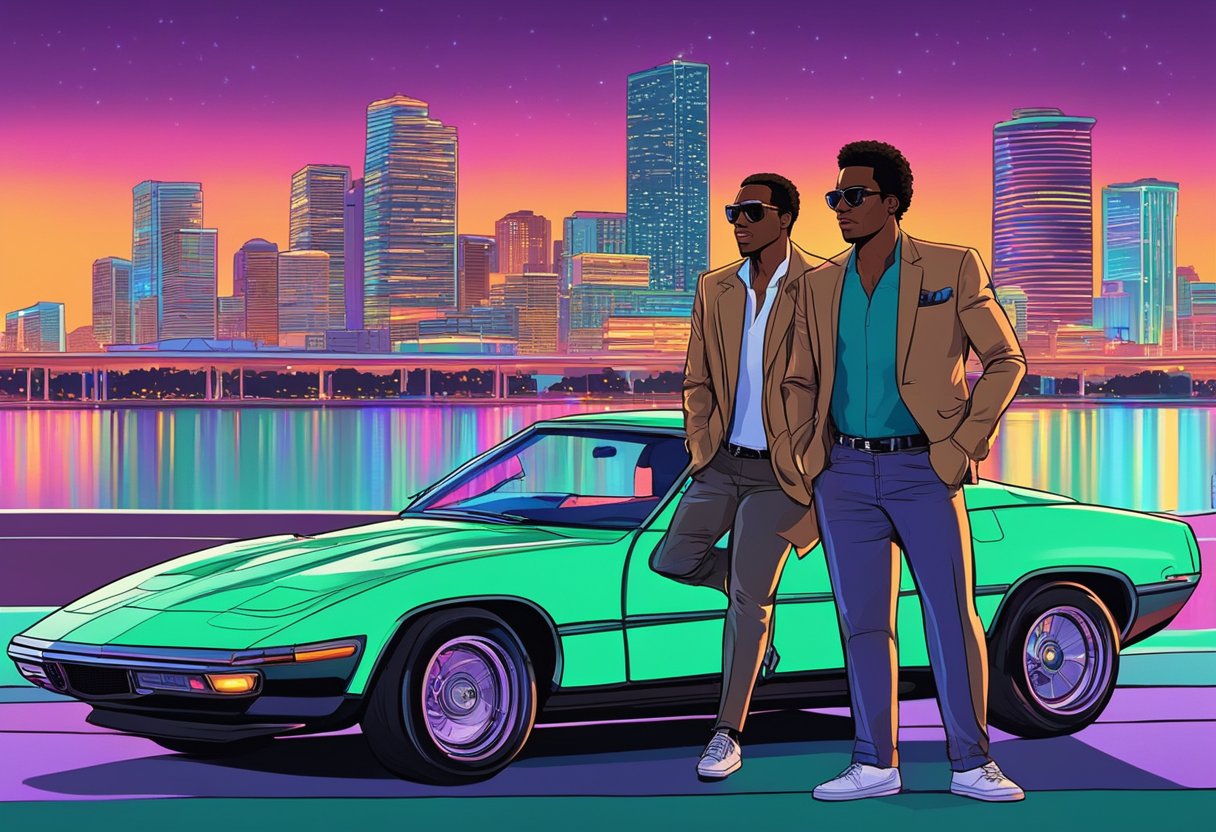 Crockett and Tubbs stand in front of a neon-lit Miami skyline, their sleek sports cars parked nearby. The night is alive with the sound of distant sirens and the glow of city lights