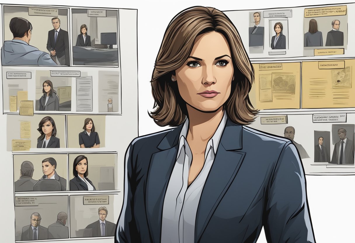 Olivia Benson stands confidently, surrounded by evidence boards and crime scene photos, her sharp gaze focused on solving the case