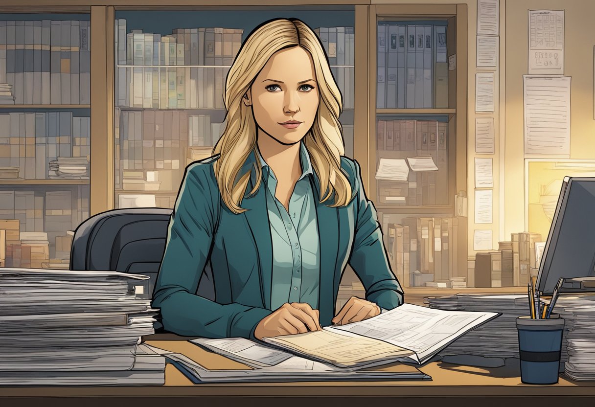 Veronica Mars stands in her office, surrounded by case files and evidence. Her sharp eyes and focused expression reveal her intelligence and determination as she works to solve the latest mystery