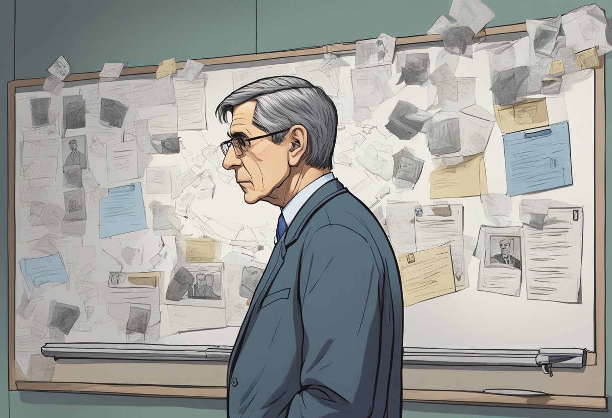 John Munch stands confidently, surrounded by crime scene photos and evidence. He gazes intently at a whiteboard covered in clues, a determined expression on his face