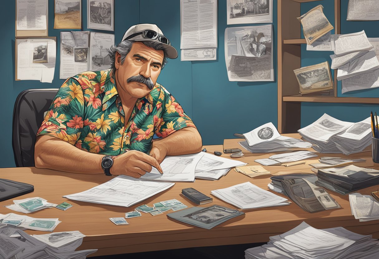 Thomas Magnum sits at his desk, surrounded by crime scene photos and evidence. He analyzes the clues, wearing his signature Hawaiian shirt and baseball cap