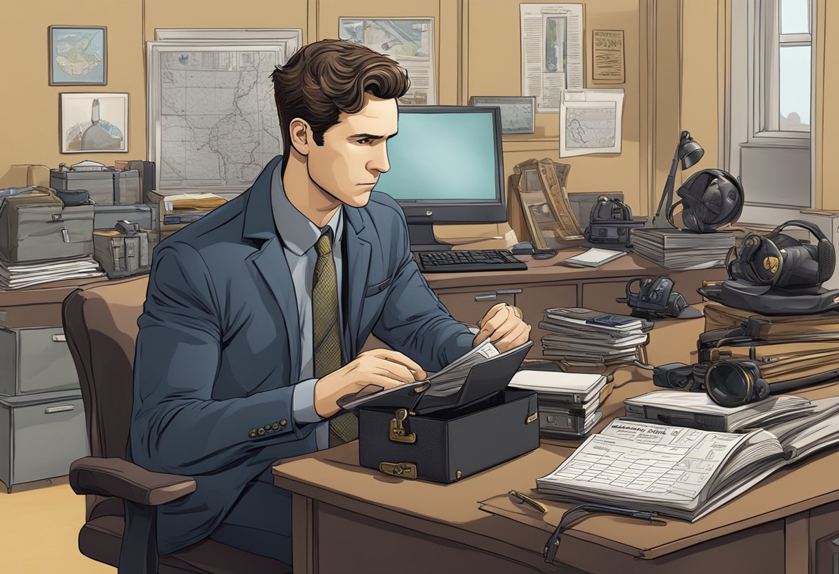 Shawn Spencer sits surrounded by detective gear, solving a case with his quick wit and keen observation skills