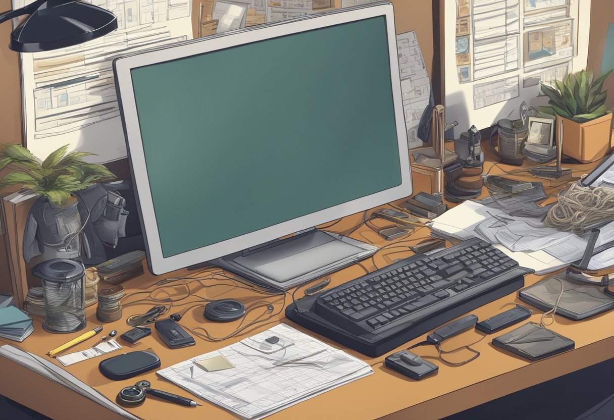 A cluttered desk with detective tools, a board with photos and strings, and a computer displaying code and surveillance footage