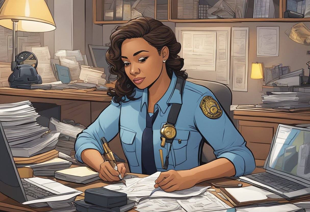 Kima Greggs, a determined detective, analyzes evidence in her cluttered office. She studies a crime scene photo, searching for clues to crack the case