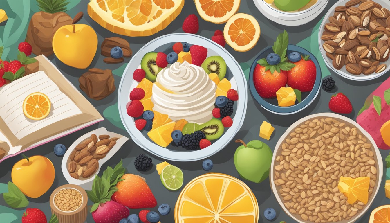 A table set with colorful bowls of healthy sweets, surrounded by fresh fruits and nuts. A cookbook open to "5 deliciosas receitas fáceis" sits nearby