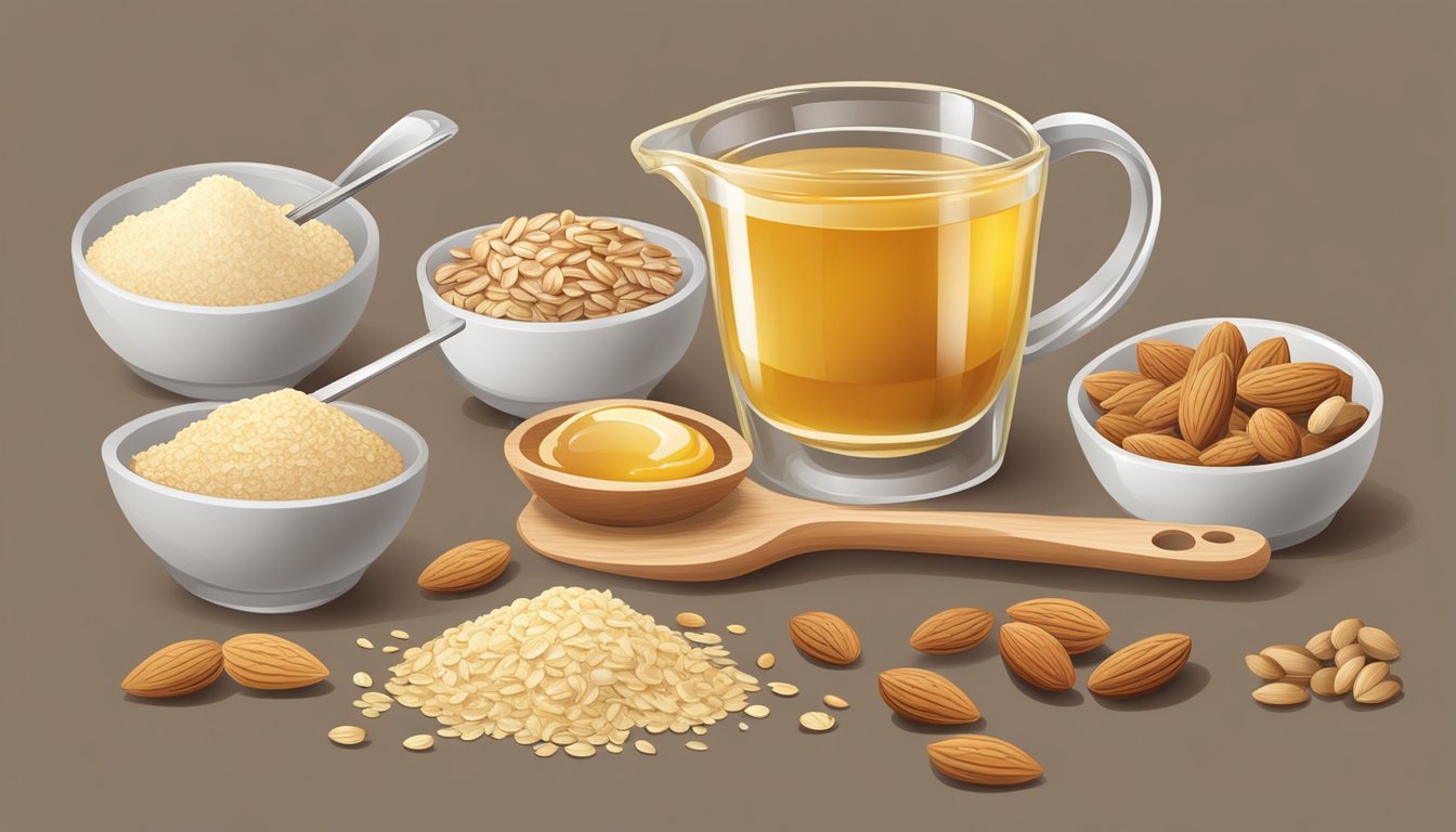 A table with various ingredients like oats, almond flour, honey, and nuts. A measuring cup and spoons are scattered around