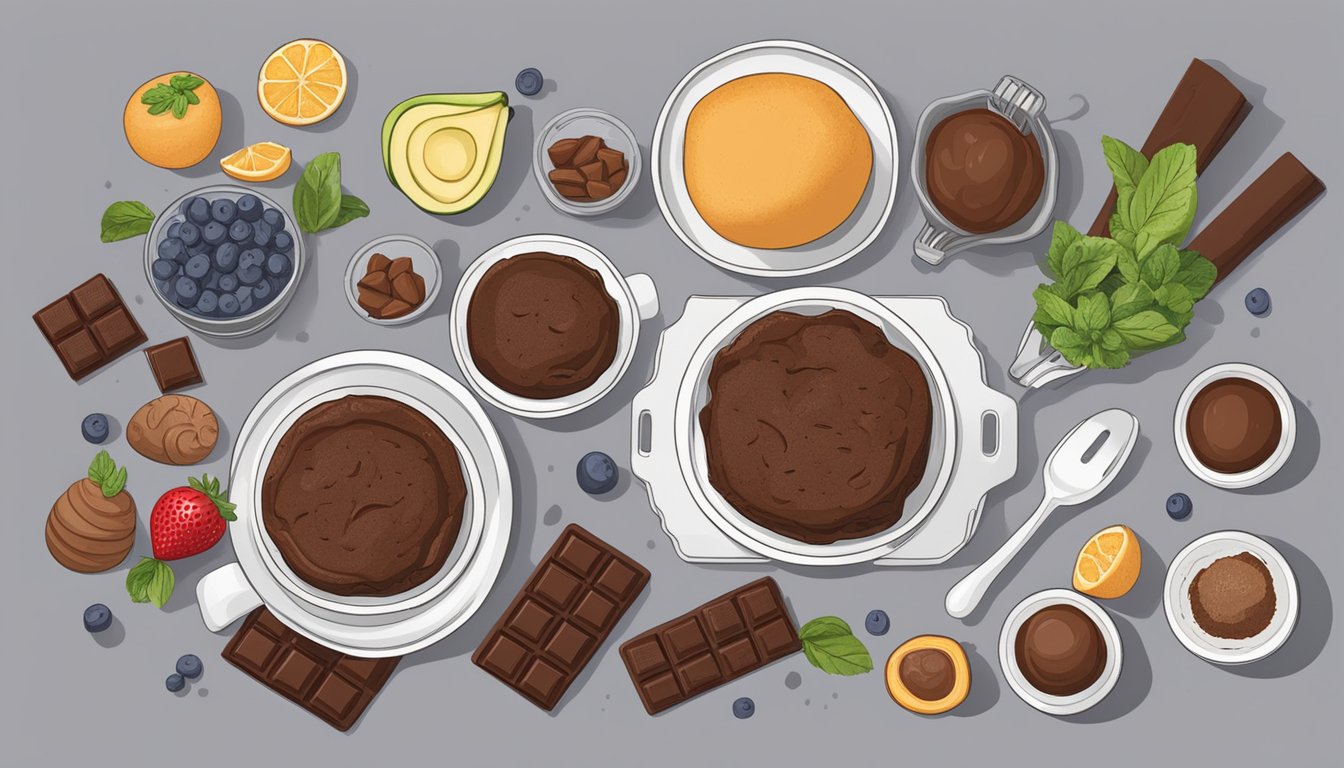 A table with ingredients and utensils for making a healthy chocolate brownie. Recipe book open to "5 easy fitness dessert recipes."