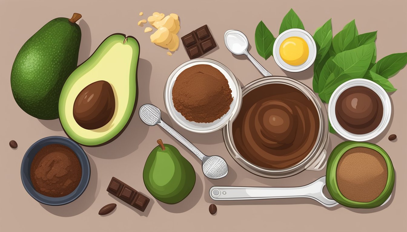 A ripe avocado and cacao powder sit on a kitchen counter, surrounded by measuring spoons and a mixing bowl. The ingredients are ready to be blended into a healthy and delicious avocado and cacao mousse