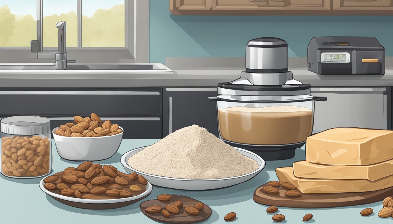 A kitchen counter with ingredients (nuts, dates, protein powder) and a food processor. A pan with freshly made protein bars. Text "Barrinhas de Proteína Caseiras" in the background