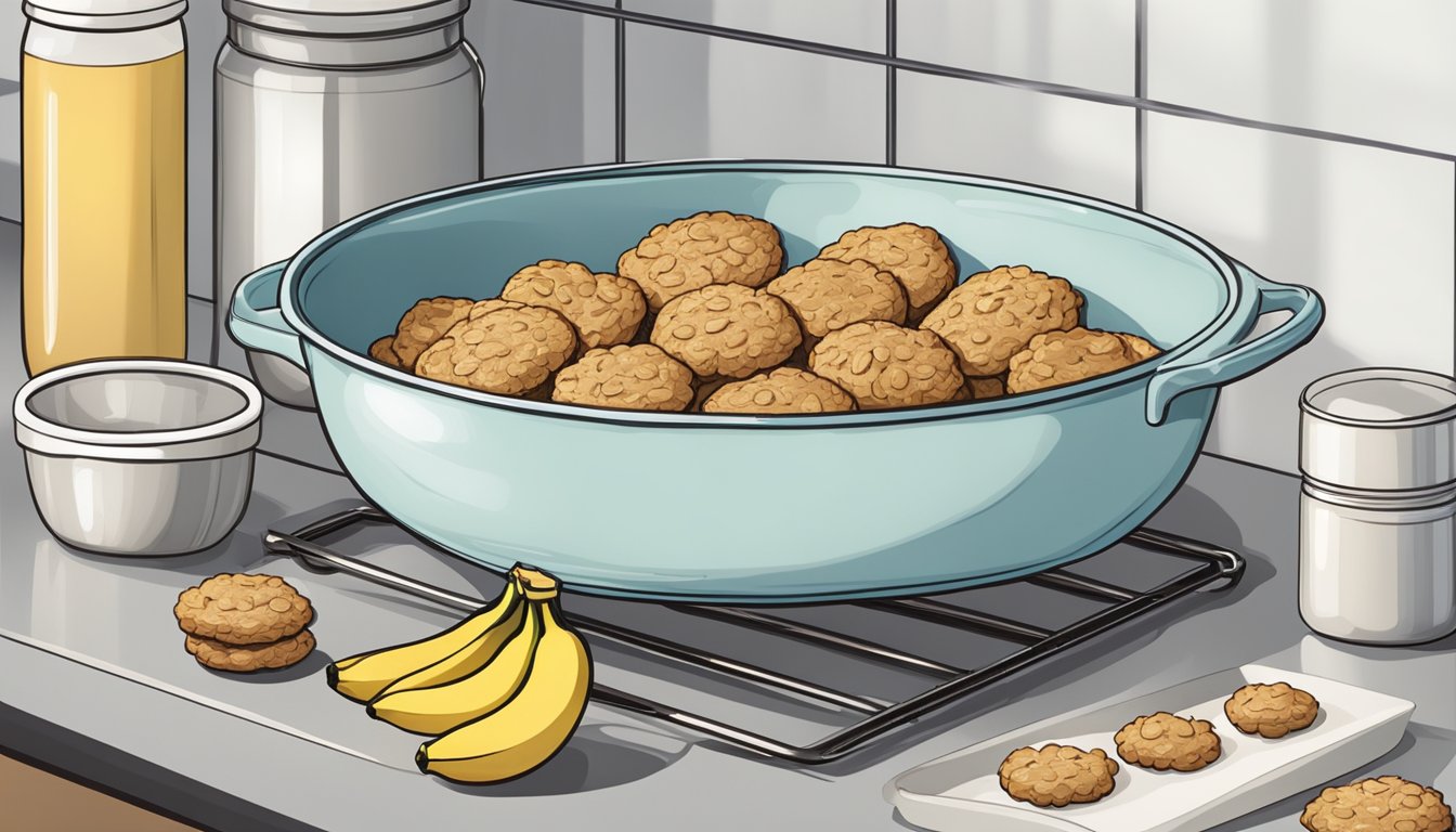 A kitchen counter with a mixing bowl filled with oats, bananas, and other ingredients. A tray of freshly baked oat and banana cookies cooling on a wire rack