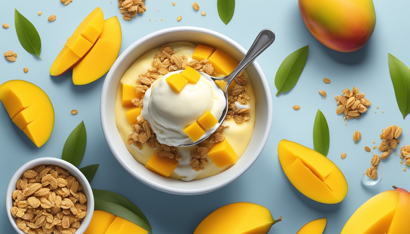 A bowl of mango fit ice cream surrounded by fresh mango slices and a sprinkle of granola, with a spoon sticking out