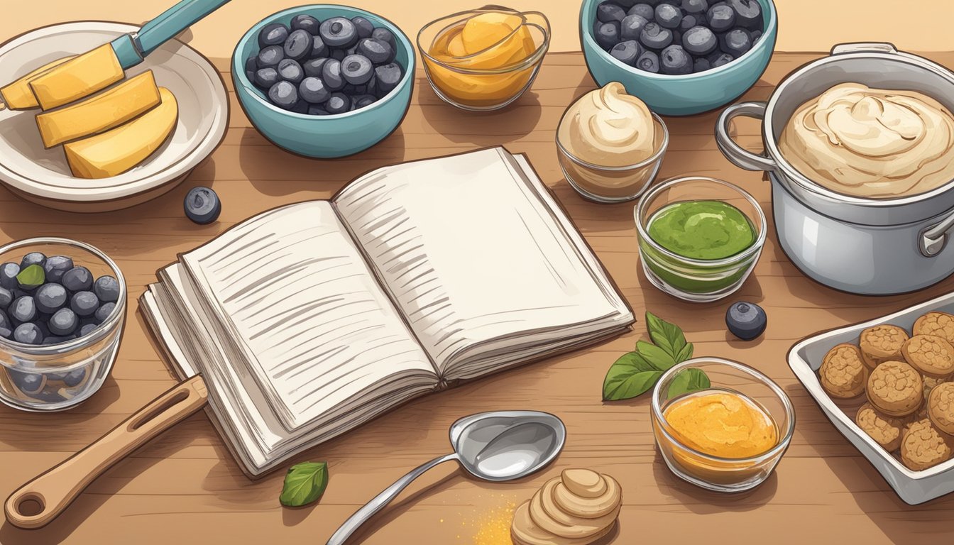 A kitchen counter with various ingredients and utensils for making healthy desserts. A recipe book open to a page titled "Dicas para Personalizar suas Receitas receita de doces fitness. 5 deliciosas receitas fáceis."