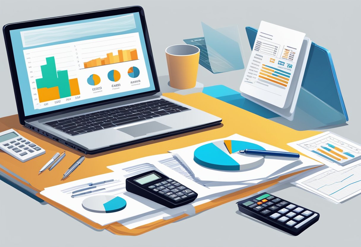 A table with a laptop, calculator, and paperwork. A chart showing increasing costs and taxes. A demat account statement with brokerage charges highlighted