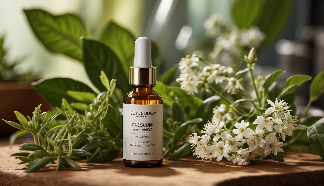 A bottle of face serum surrounded by key ingredients like hyaluronic acid, vitamin C, and retinol, with a backdrop of fresh botanicals and scientific equipment