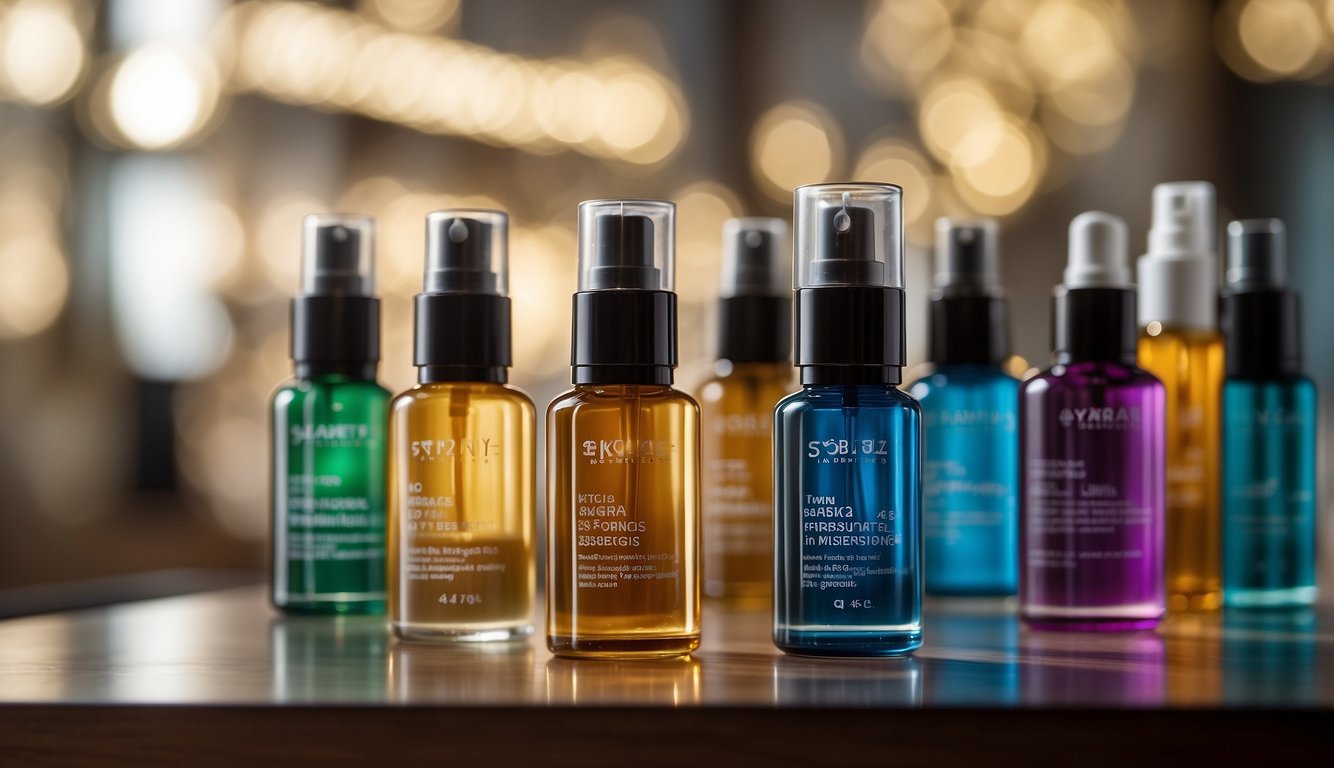 A shelf displaying various serums for the face, with colorful packaging and clear labels. Bright lighting highlights the products