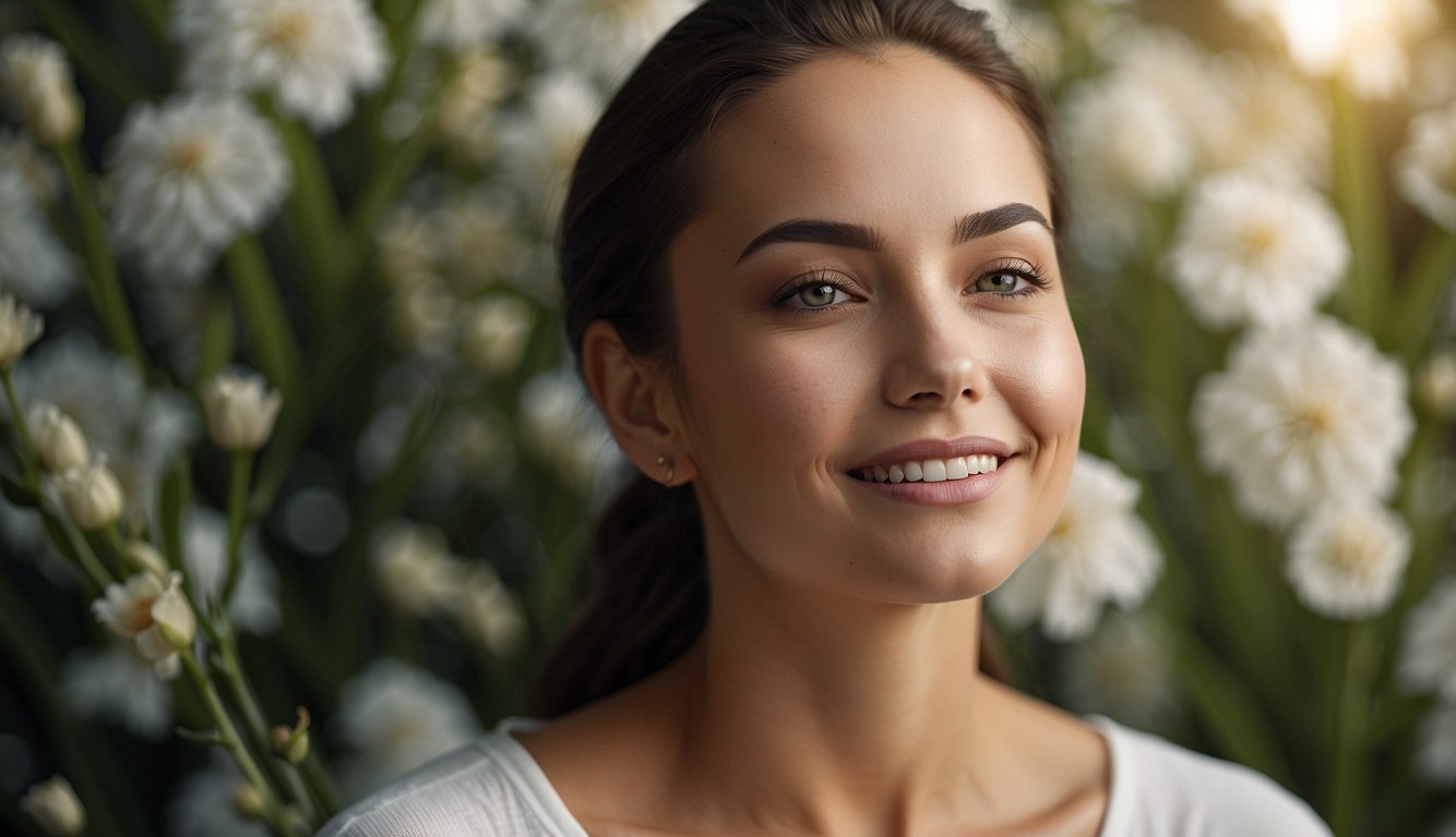 A serene face with a gentle smile, surrounded by soft lighting and delicate botanical elements, showcasing a serum for facial care and additional tips for self-care