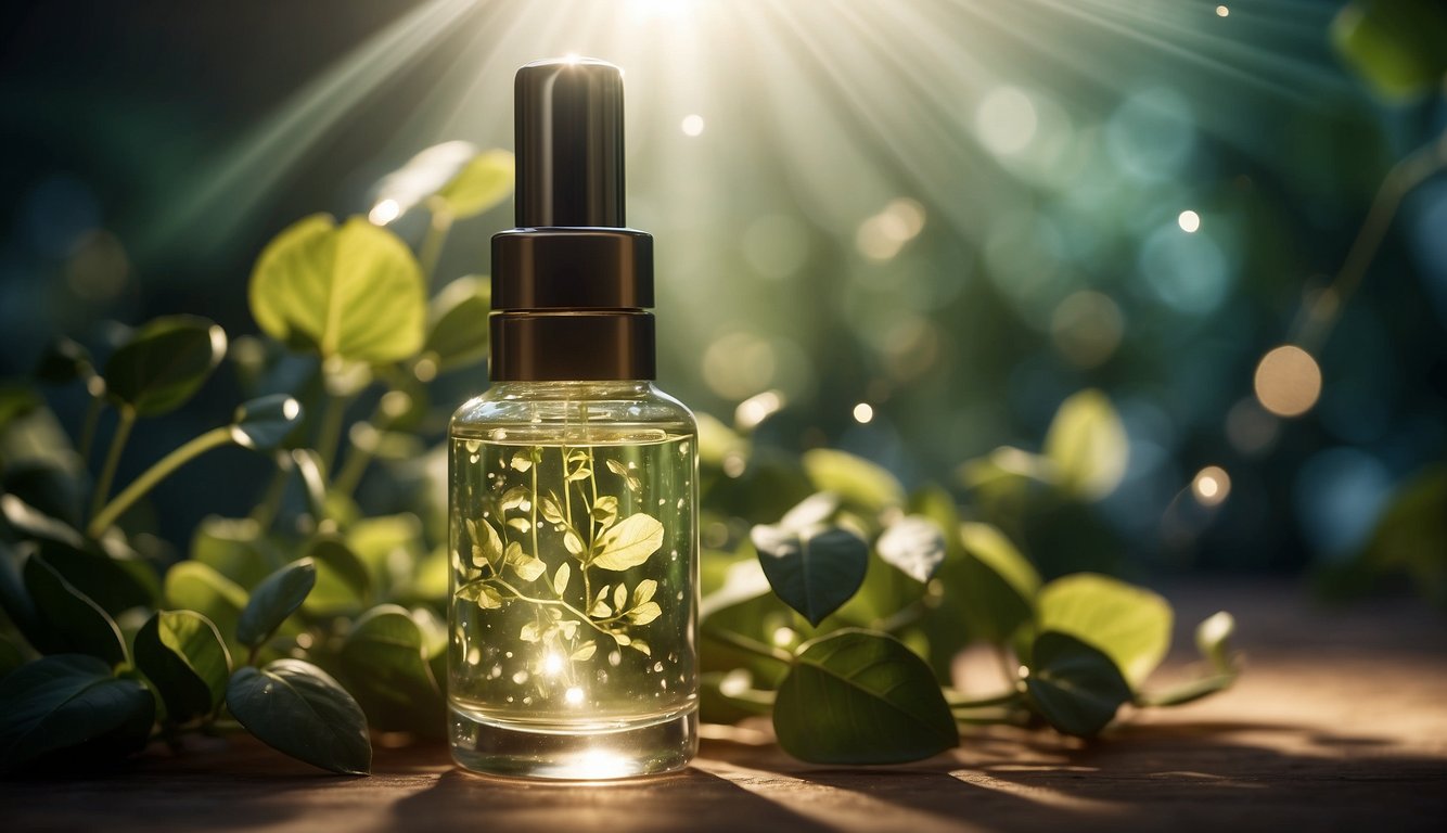 A glowing serum bottle surrounded by light rays and floating botanicals