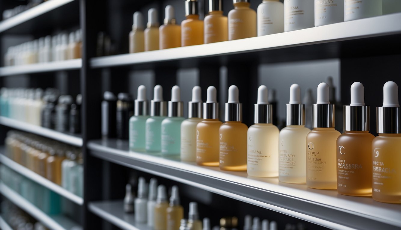 A collection of top-quality serums displayed on a sleek, modern shelf in a well-lit skincare boutique