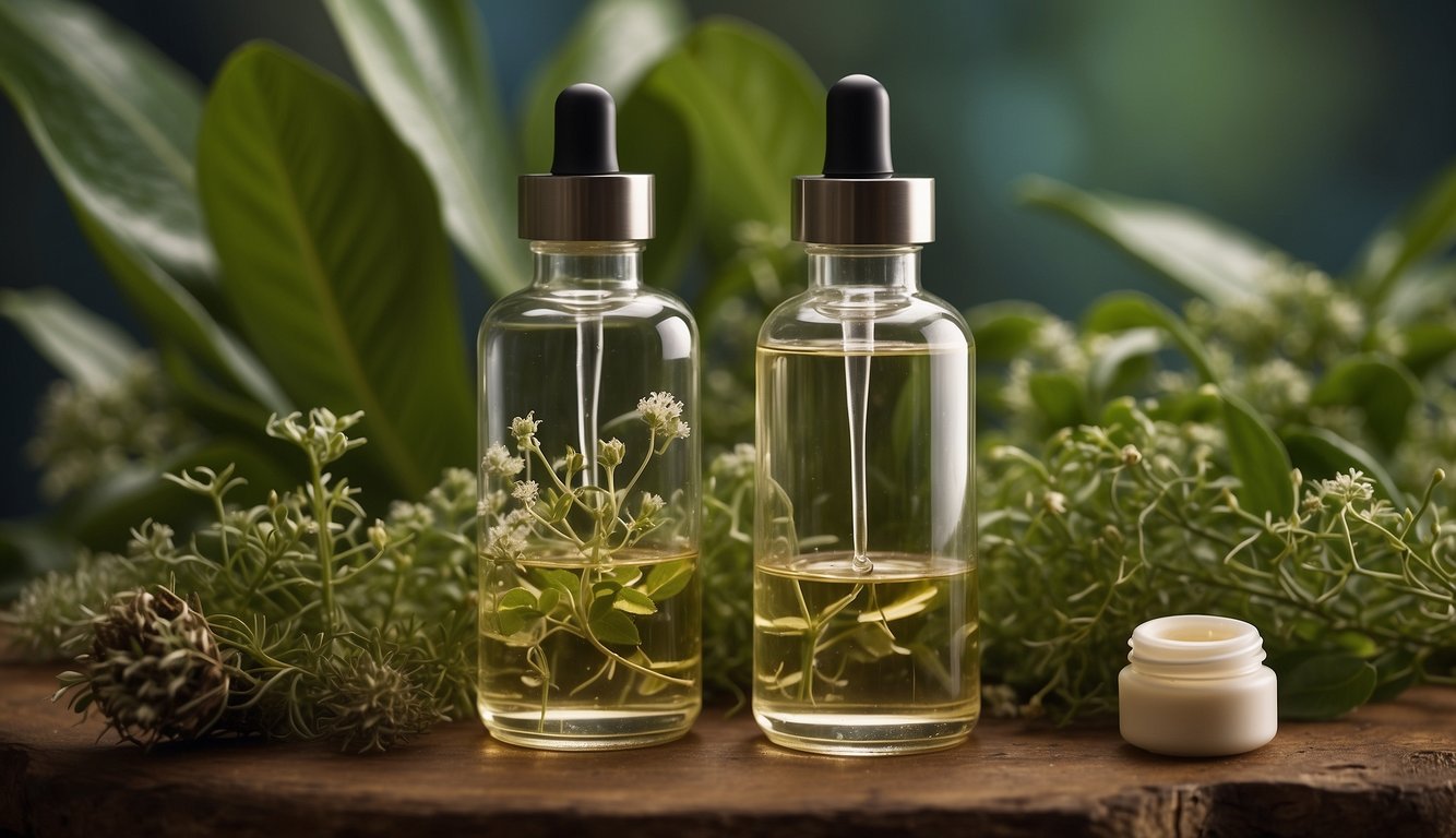 A clear glass bottle of face serum surrounded by botanical ingredients and scientific equipment