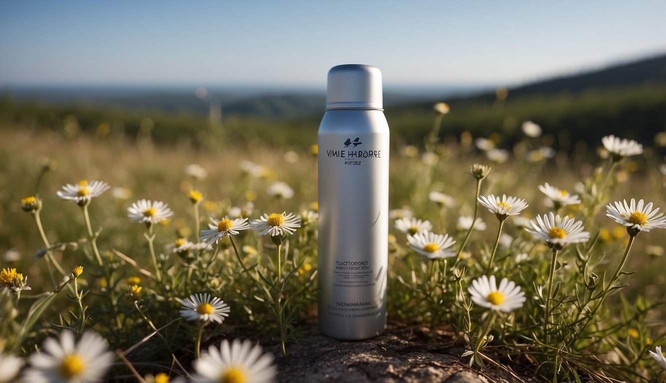 A natural landscape with a clear sky and a field of blooming wildflowers, with a bottle of aluminum-free deodorant placed prominently in the foreground