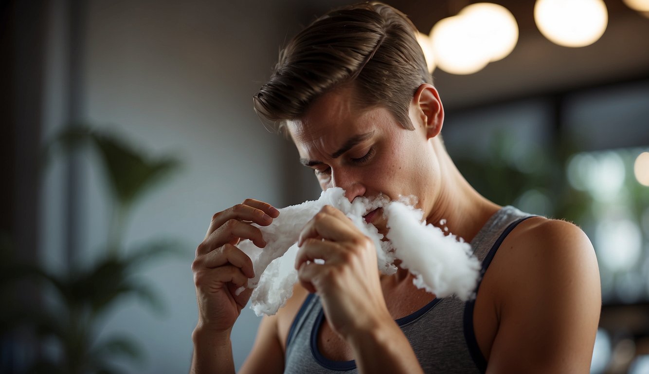 A person applying natural deodorant, surrounded by sweat and body odor. No aluminum present