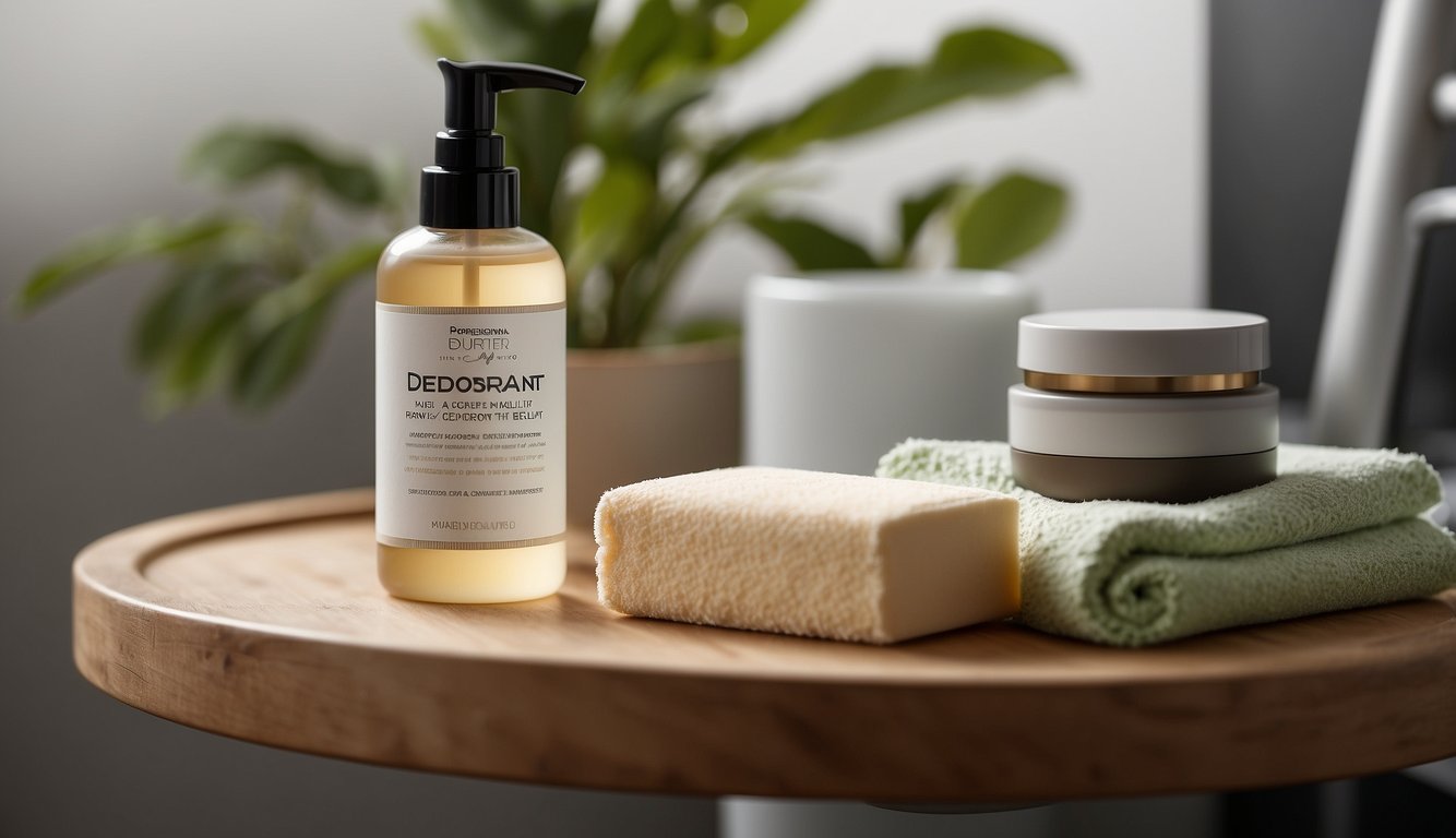 A bathroom shelf with natural deodorant, soap, and towels for personal hygiene and wellness. No aluminum