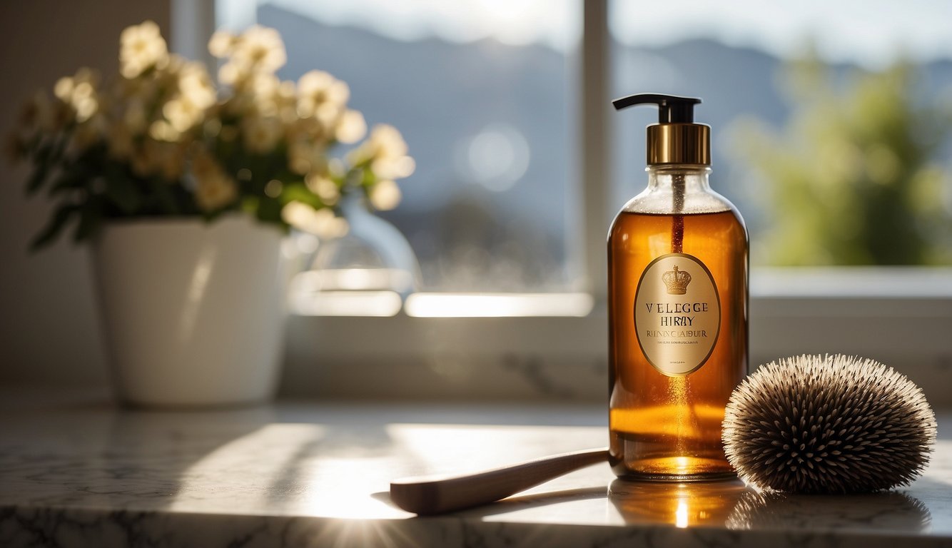 A bottle of "Velge Riktig Hårkur" sits on a marble countertop next to a hairbrush and a towel. Sunlight streams in through a window, casting a warm glow on the scene