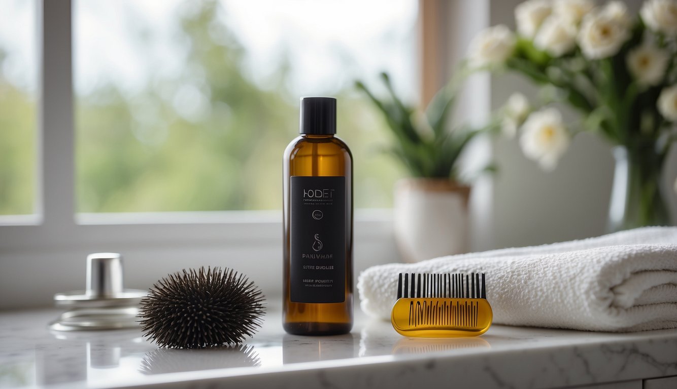 A bottle of hair treatment sits open on a bathroom counter, with a towel and comb nearby. Dry, frizzy strands of hair are shown before and after treatment