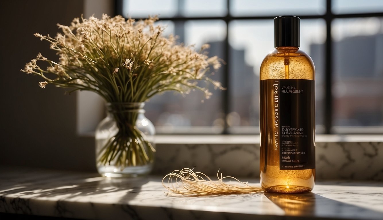 A bottle of hair treatment sits on a marble countertop, surrounded by scattered strands of dry, damaged hair. Sunlight streams through a window, casting a warm glow on the scene