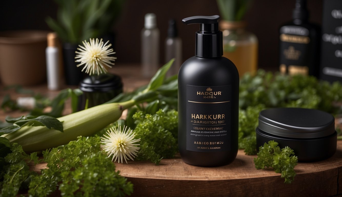 A bottle of hårkur tørt hår surrounded by various hair care products and a background of lush, healthy-looking hair