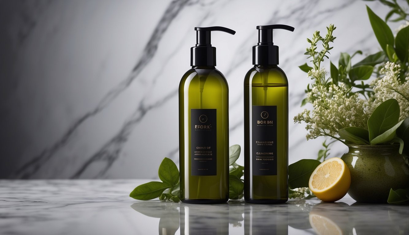 A bottle of cleansing shampoo stands on a marble countertop, surrounded by fresh botanical ingredients and a gentle, flowing stream of water