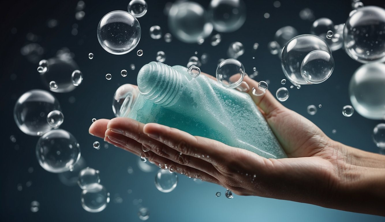 A hand reaching for various bottles of cleansing shampoo with different labels, surrounded by bubbles and water droplets