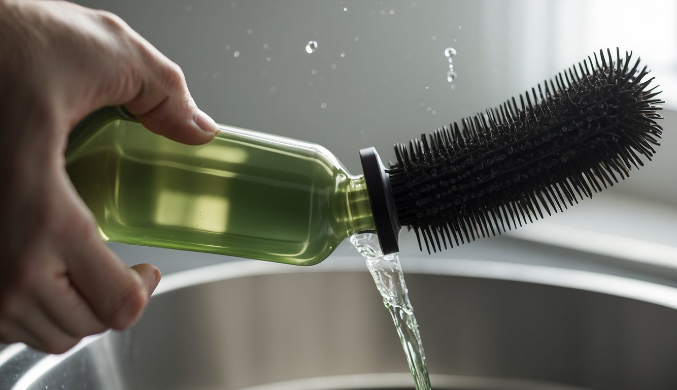 A bottle of cleansing shampoo being used to clean hair