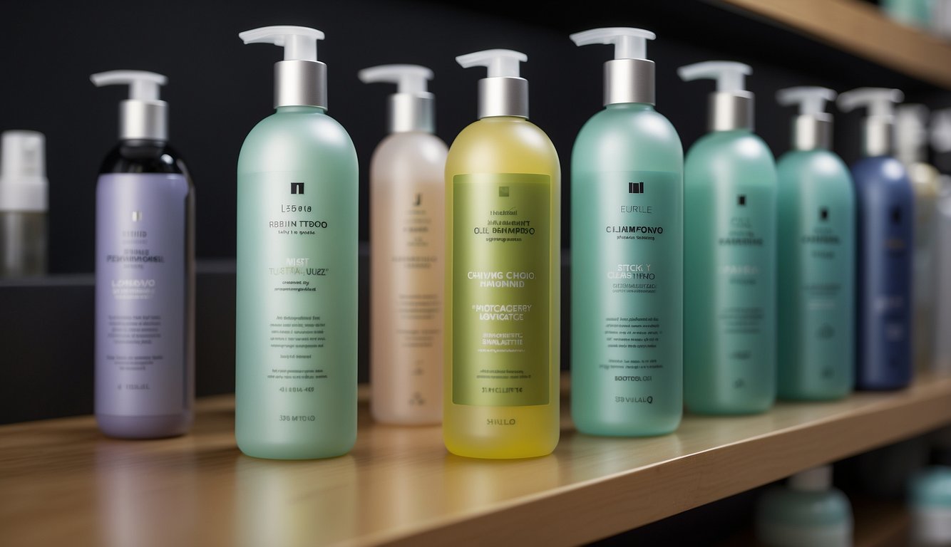 A variety of popular cleansing shampoos lined up on a shelf with customer reviews displayed next to each product