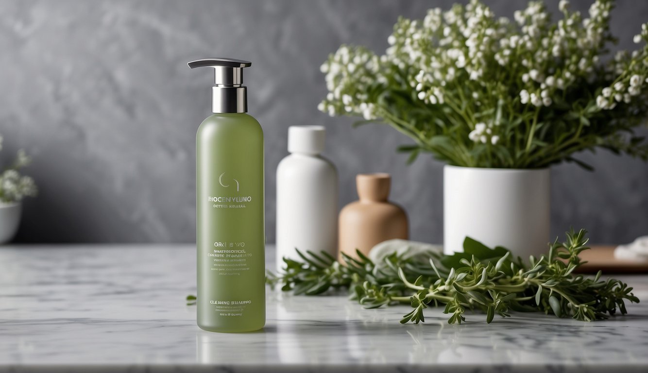 A bottle of cleansing shampoo stands on a marble countertop, surrounded by fresh herbs and flowers. The label features elegant typography and a minimalist design