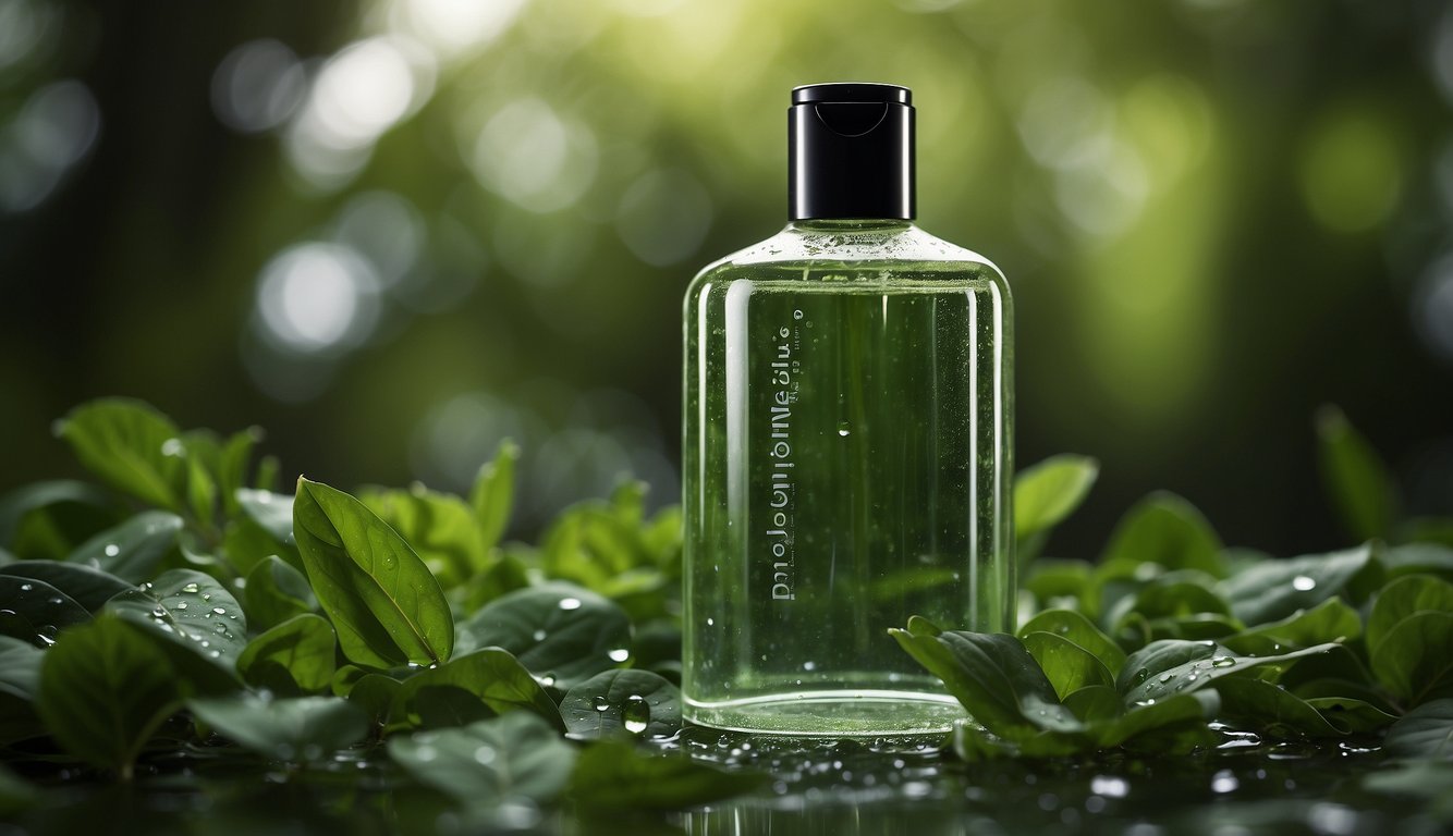 A bottle of "Rensesjampo" shampoo surrounded by green leaves and water droplets, with a clear and clean background