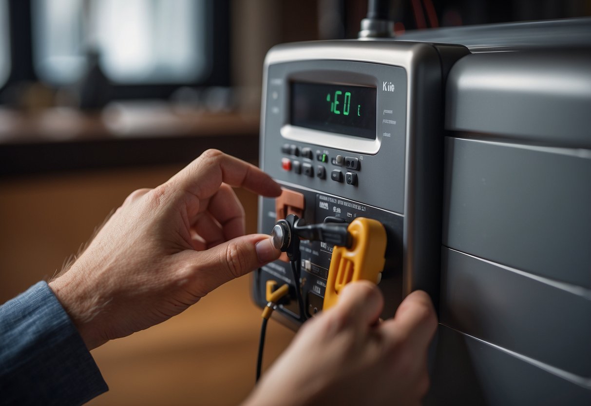 A hand reaching for a thermostat with wires and a screwdriver nearby on a table