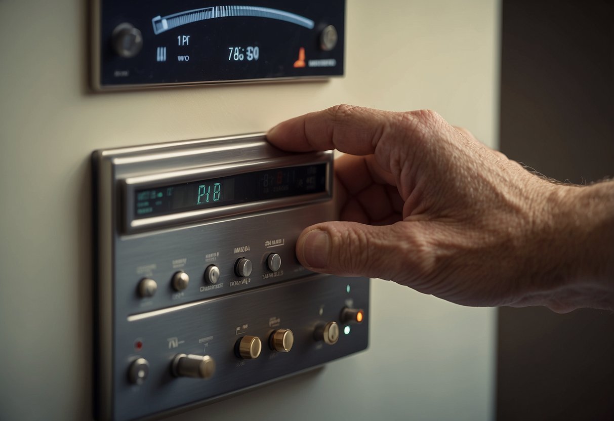 A hand reaches for the old thermostat, disconnecting wires. Another hand holds the new thermostat, connecting the wires according to the instructions