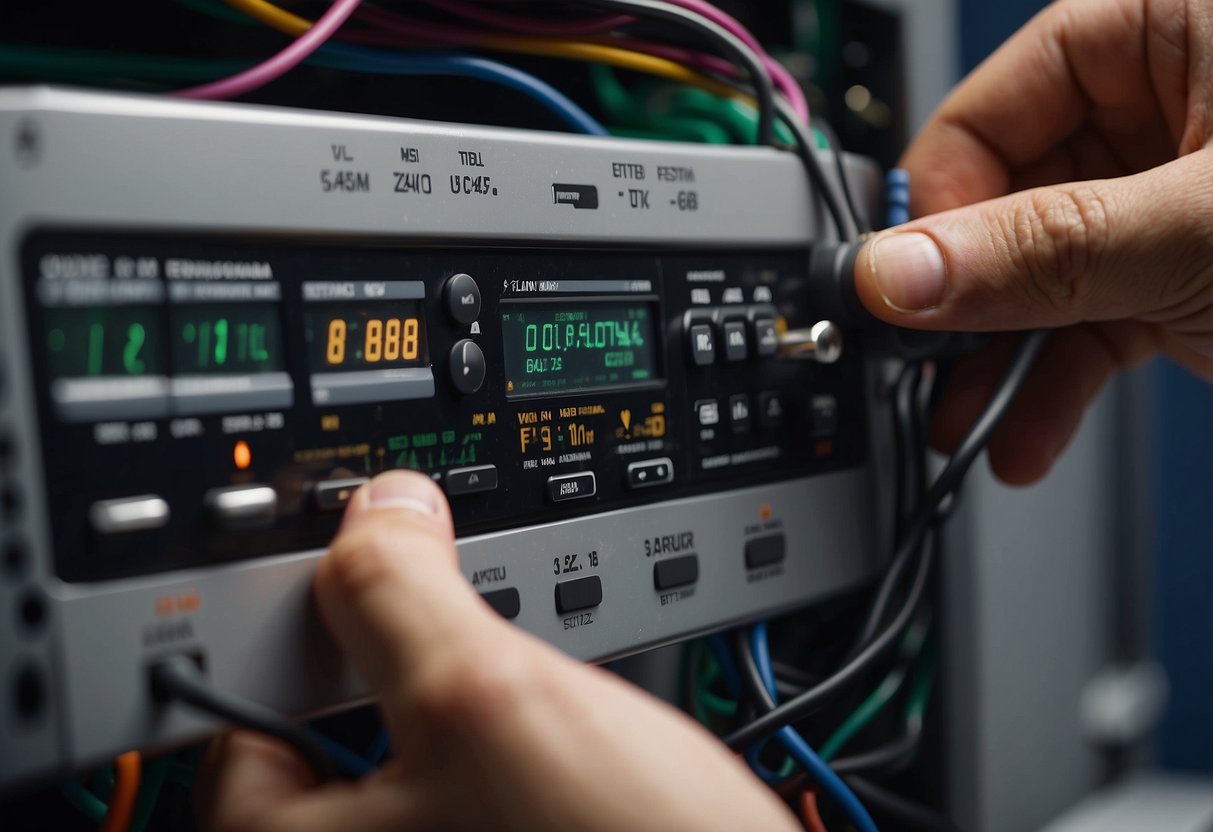 A hand connects wires to a thermostat, then adjusts settings and tests functionality
