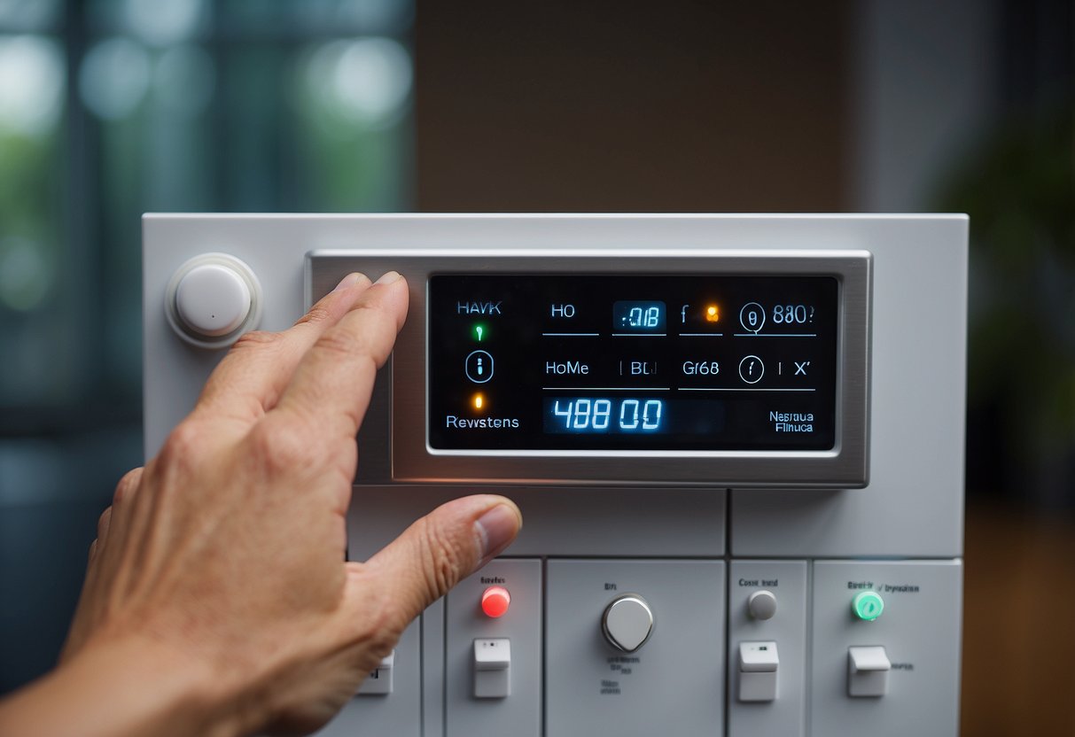 A hand reaches for a thermostat, connecting wires to a control panel. Icons and buttons indicate automation and smart functions
