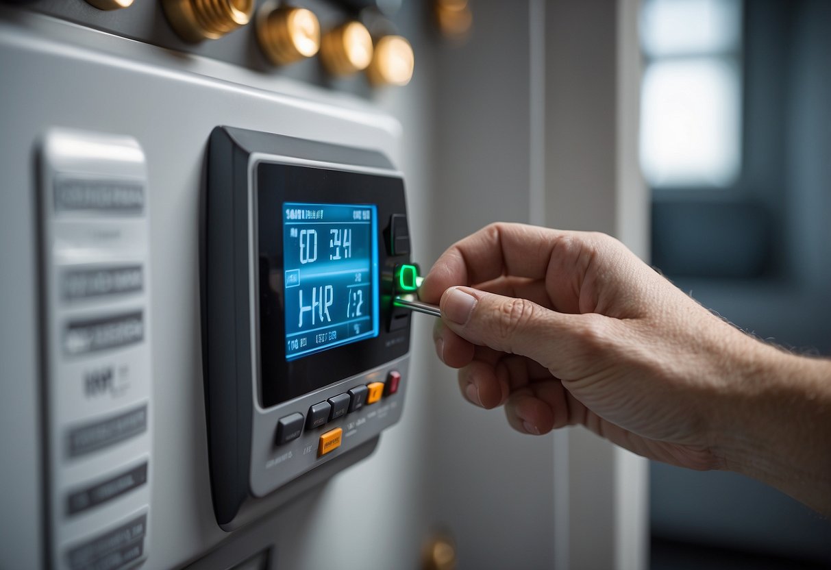 A hand connects wires to a thermostat, with labels for "maintenance" and "energy saving" visible