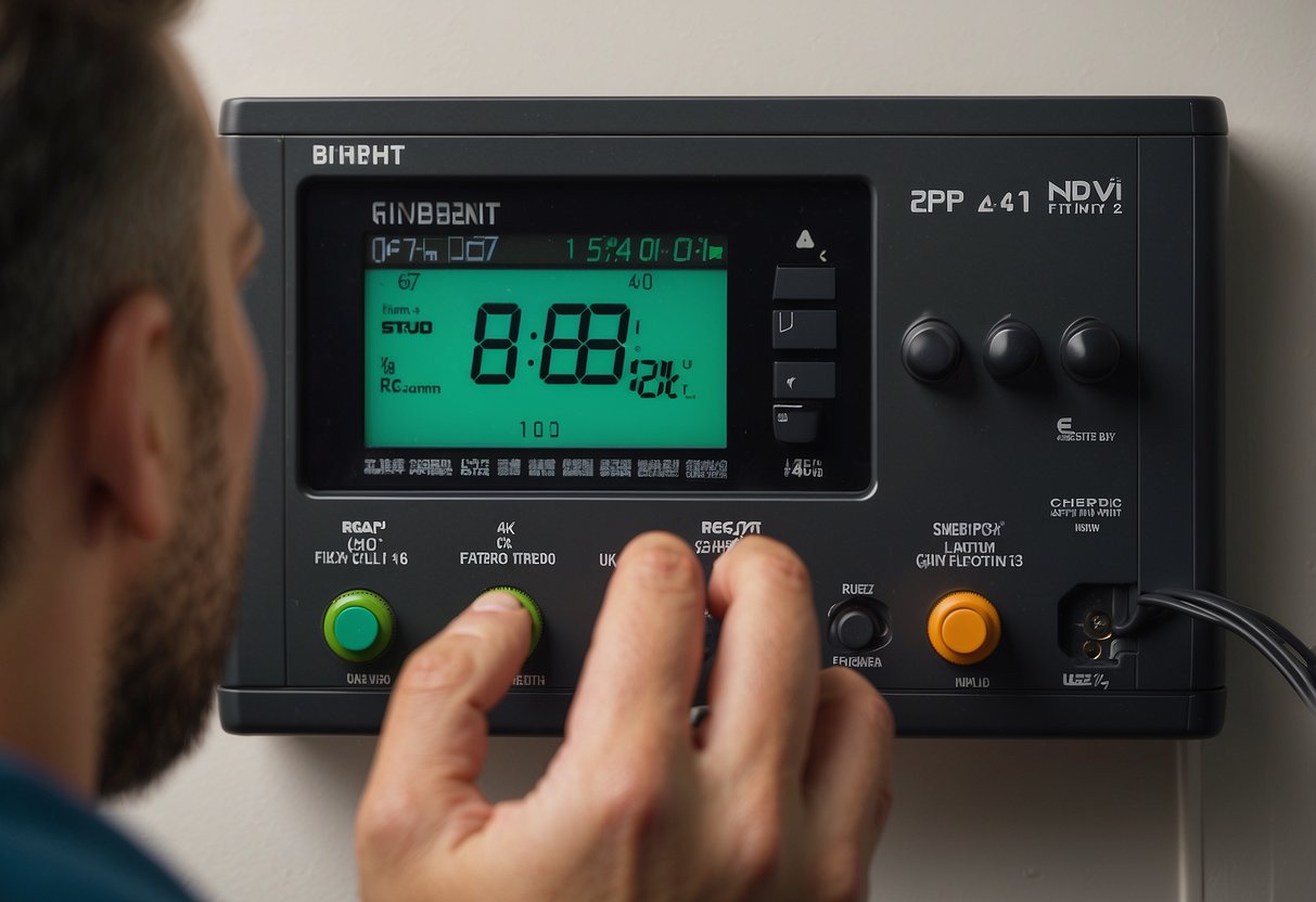 A hand connects wires to a thermostat, following a step-by-step guide