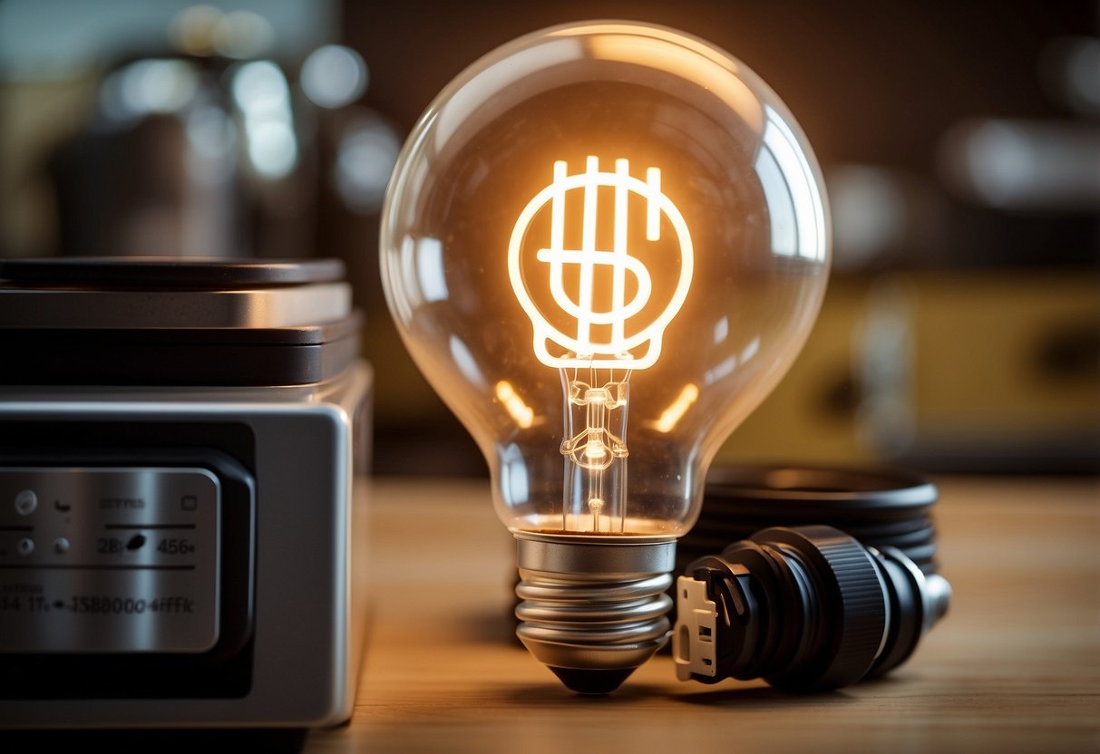 A lightbulb with a dollar sign inside, surrounded by energy-efficient appliances and a shrinking energy bill