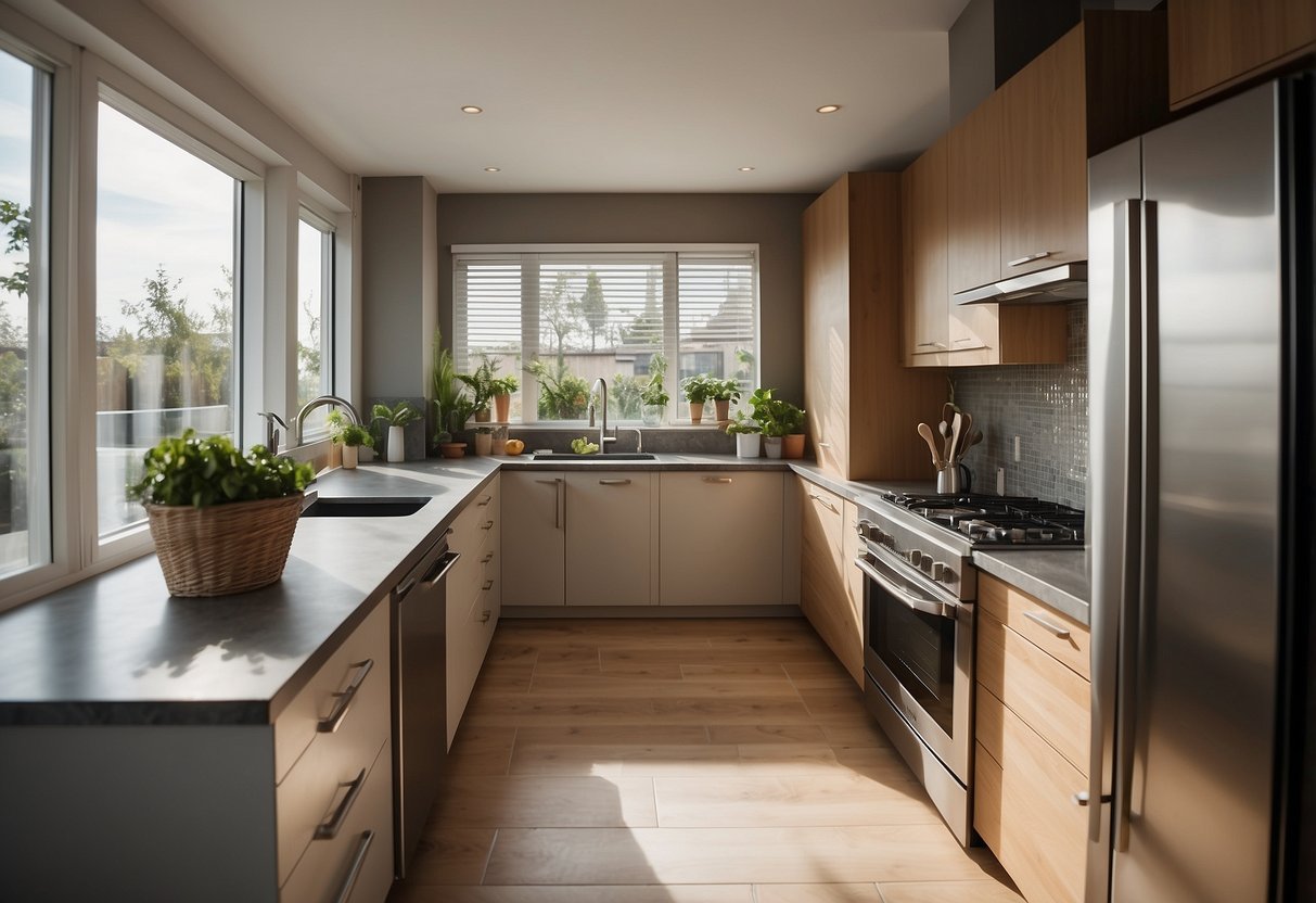 A modern kitchen with energy-efficient appliances in use, with a focus on reducing energy consumption and saving on utility bills