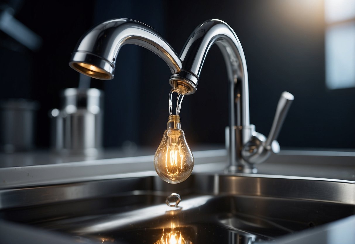 A faucet dripping into a bucket, with a water-saving device attached. A lightbulb above, symbolizing energy savings